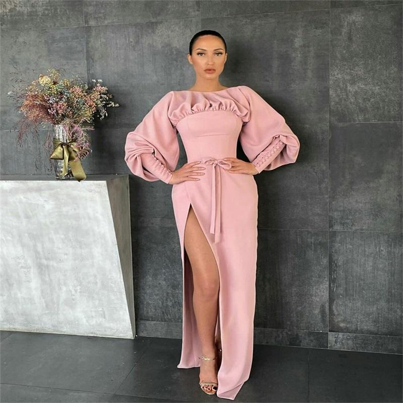 Side Split Prom Dresses Elegant Satin Button Long Sleeves Mermaid Evening Dress Ruched Formal Pageant Dress Custom Made Sweep Train,DS4761
