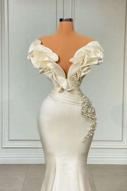 Designer White Long Pearl Ruffle Evening Dresses,F04826