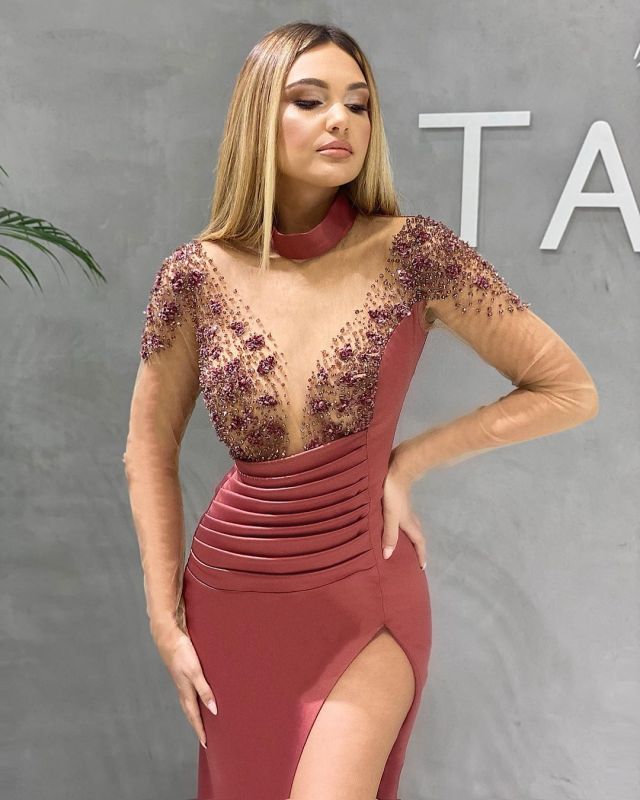 Robe de bal sirène vintage à manches longues et col en V, fendue haute, DS3732