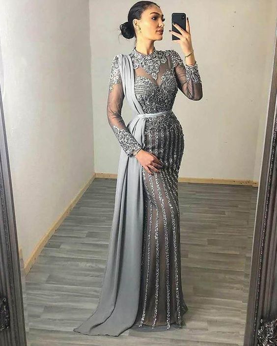 muslim beading evening dresses high neck dubai long sleeve prom gown m DSProm muslim beading evening dresses high neck dubai long sleeve prom gown m DSProm