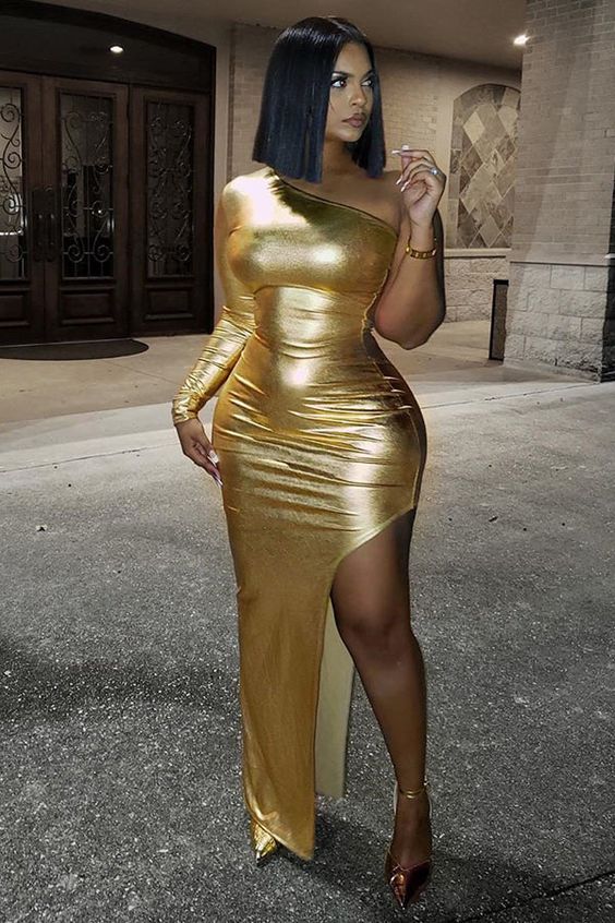 Robe longue de cocktail dorée à une épaule et fente moulante, DS4617
