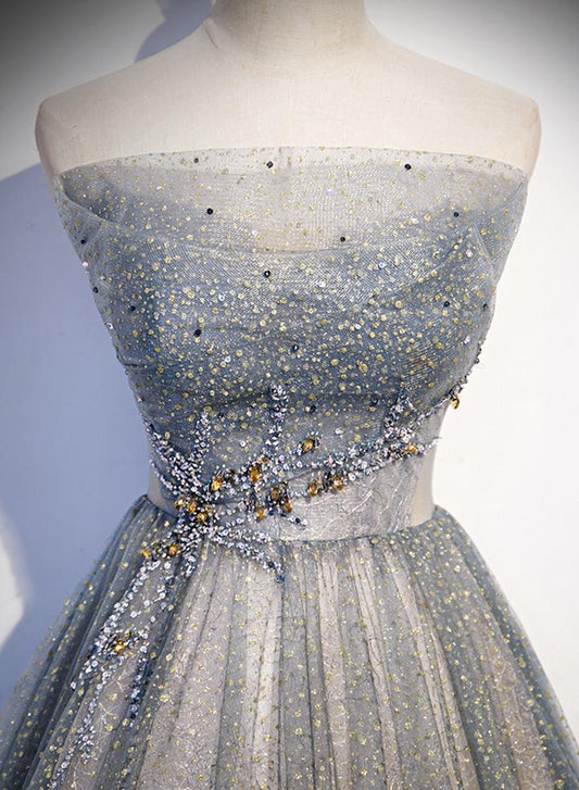 Gray tulle beads long prom dress evening dress,DS3209