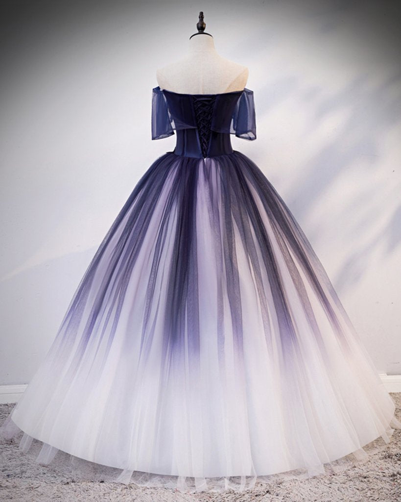 Navy Blue Tulle Off Shoulder Strapless Long Customize Prom Dress With Applique,DS4362