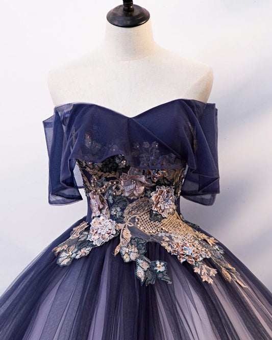 Navy Blue Tulle Off Shoulder Strapless Long Customize Prom Dress With Applique,DS4362
