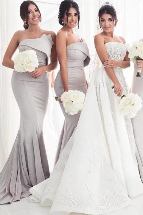 Trägerloses silbernes Meerjungfrauen-Kleid, elegantes langes ärmelloses Ballkleid, Brautjungfernkleid, DS4036