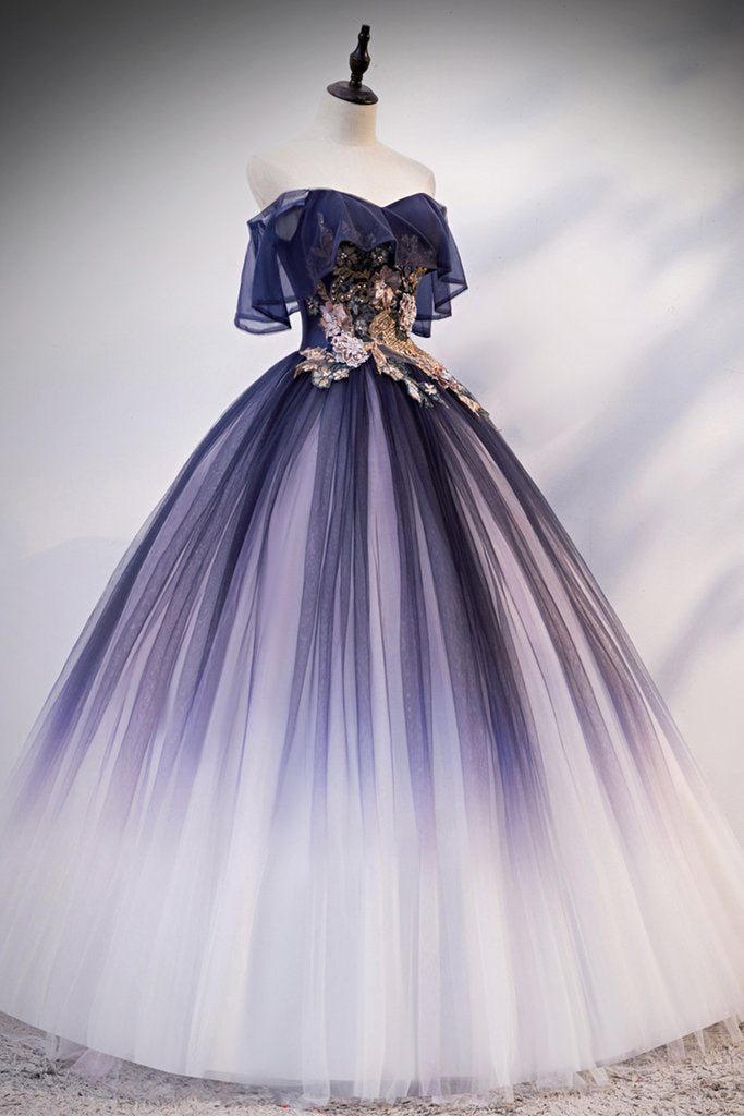 Navy Blue Tulle Off Shoulder Strapless Long Customize Prom Dress With Applique,DS4362