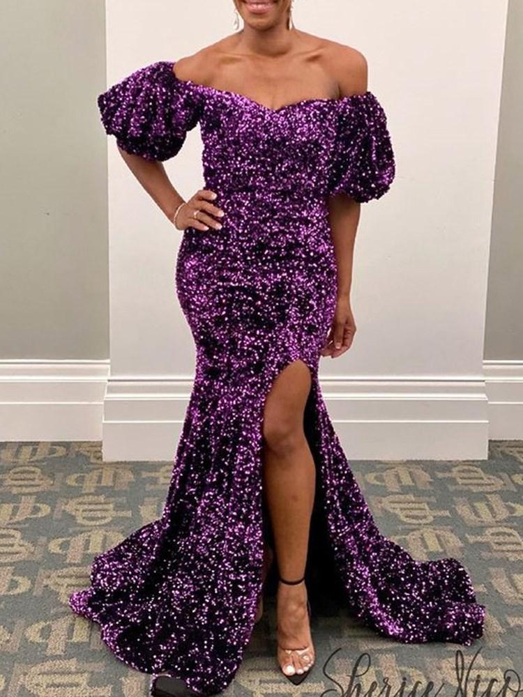 Robe de soirée sirène à paillettes, manches mi-longues, épaules dénudées, DS3773