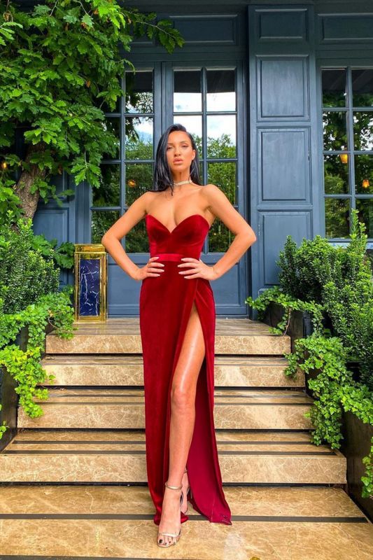Robe de bal longue en velours rouge bordeaux, fendue et sexy, sans bretelles, DS2806