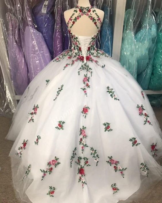 Fabulous Weiß 3D Blumen Ballkleid Quinceanera Kleider Vestidos, DS4479