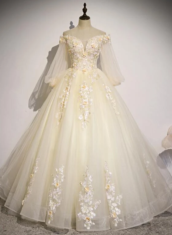 Wunderschönes elfenbeinfarbenes Tüllkleid mit langen Ärmeln und Blumenmuster für Sweet 16, Partykleider, Ballkleid, DS4460