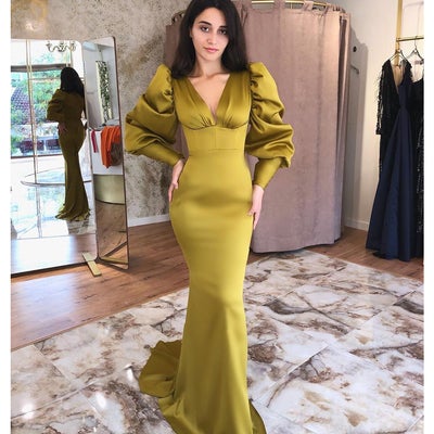 Superbe robe de bal sirène à manches longues et col en V, DS3994