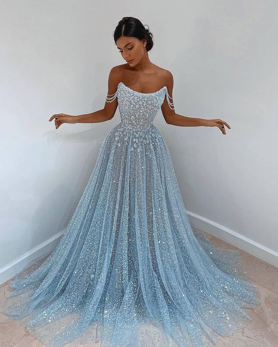 Blue tulle long prom dress, blue tulle evening dress,DS3969