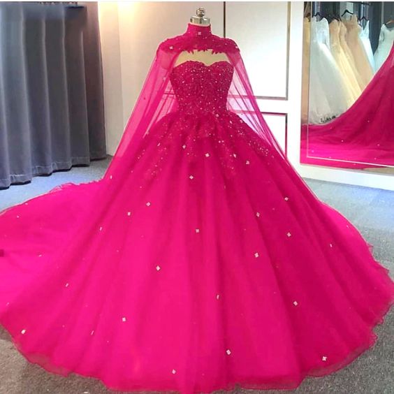 Hot Pink Detachable Cape Quinceanera Sweet 16 Ball Gown Prom Dress,DS4 DSProm Hot Pink Detachable Cape Quinceanera Sweet 16 Ball Gown Prom Dress,DS4 DSProm