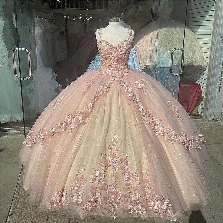 Pink Sparkly Quinceanera Prom Dresses Lace Flower Sweet 16 Tulle Party – DSProm