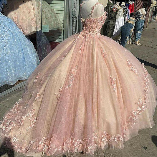 Pink Sparkly Quinceanera Prom Dresses Lace Flower Sweet 16 Tulle Party Ball Gown ,DS4613