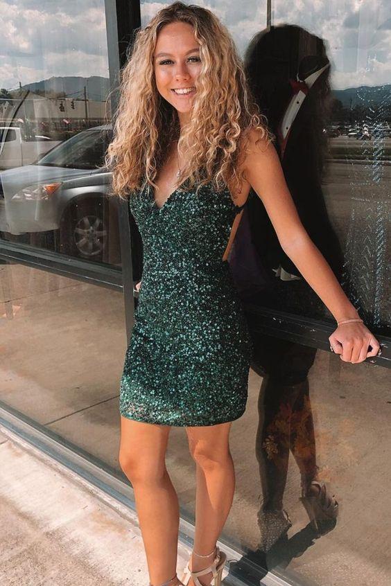 Robe de soirée moulante à paillettes vert foncé, mini, DS4132