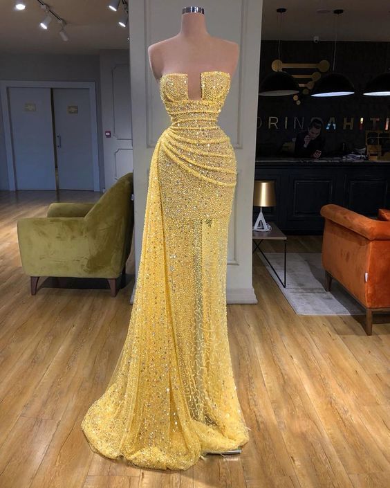 Gelbe Abendkleider lang High Neck Sparkly Feder Luxus Bling Abendkleid formales Kleid Langes Ballkleid, DS5032