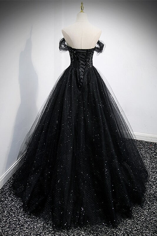 Schwarzes schulterfreies Abendkleid aus Tüll, DS3474