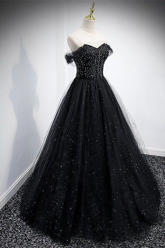 Schwarzes schulterfreies Abendkleid aus Tüll, DS3474