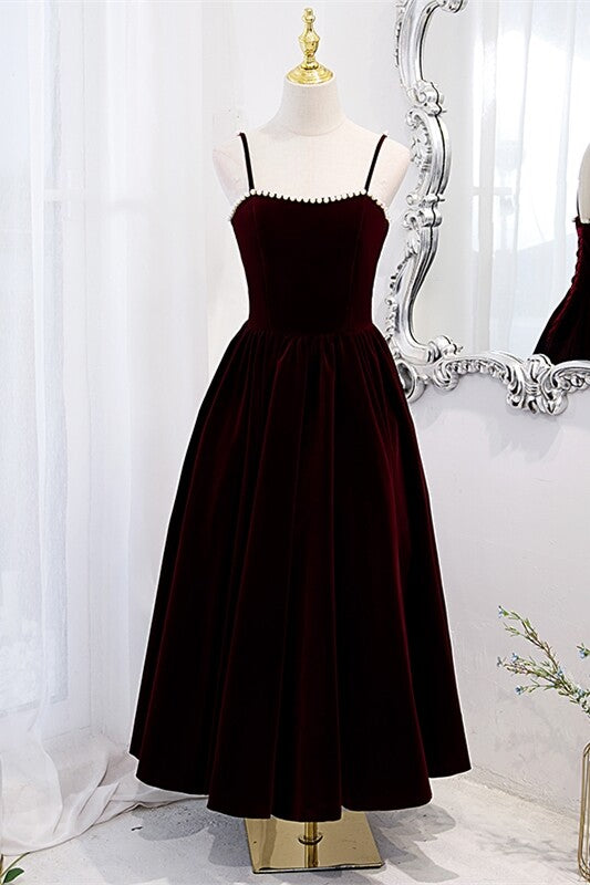 Burgundy Velvet A-line Midi Dress with Spaghetti Straps,DS3473 DSProm Burgundy Velvet A-line Midi Dress with Spaghetti Straps,DS3473 DSProm