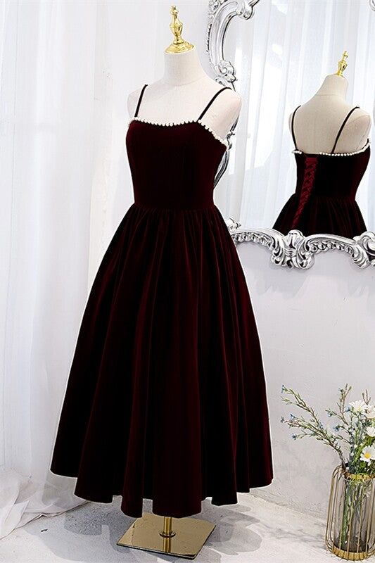 Burgundy Velvet A-line Midi Dress with Spaghetti Straps,DS3473