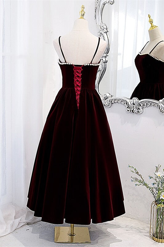 Burgundy Velvet A-line Midi Dress with Spaghetti Straps,DS3473