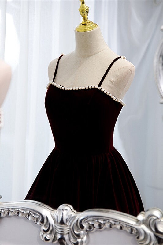Burgundy Velvet A-line Midi Dress with Spaghetti Straps,DS3473