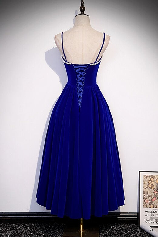 Burgundy Velvet A-line Midi Dress with Spaghetti Straps,DS3473