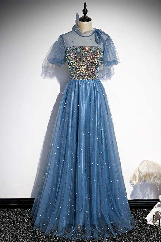 Princess Short Sleeves Blue A-line Party Dress,DS3490