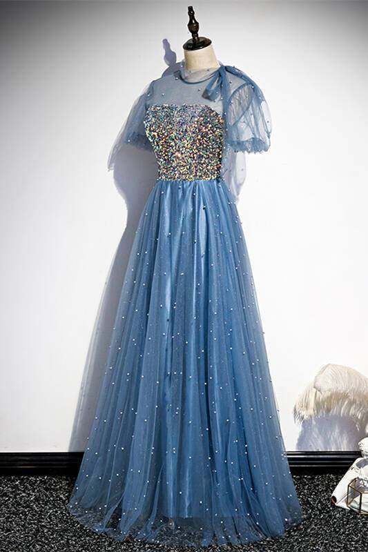 Princess Short Sleeves Blue A-line Party Dress,DS3490