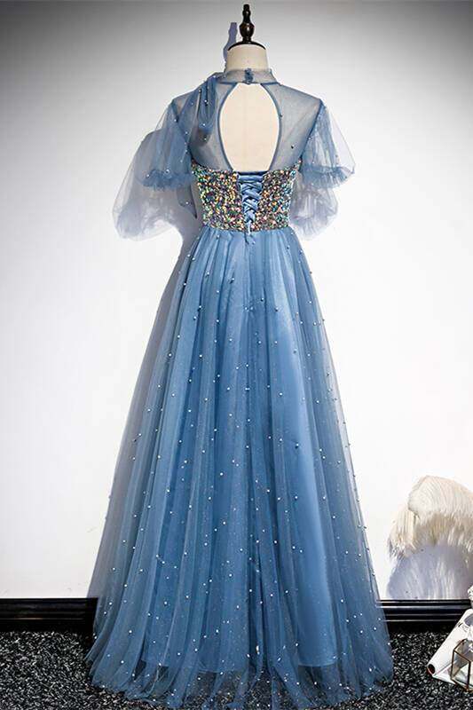 Princess Short Sleeves Blue A-line Party Dress,DS3490