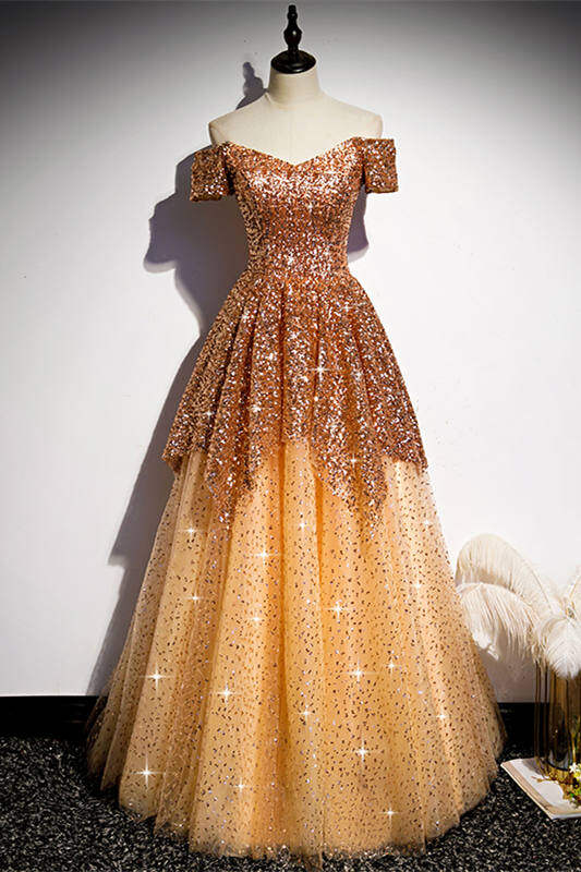 Off the Shoulder Gold Long Prom Dress,DS3489 DSProm Off the Shoulder Gold Long Prom Dress,DS3489 DSProm