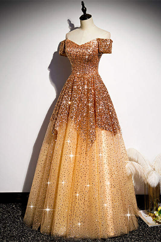 Off the Shoulder Gold Long Prom Dress,DS3489