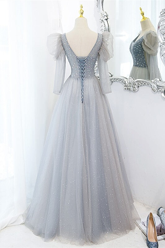 Fairy Grey Shiny A-line Long Formal Dress with Long Sleeves,DS3461