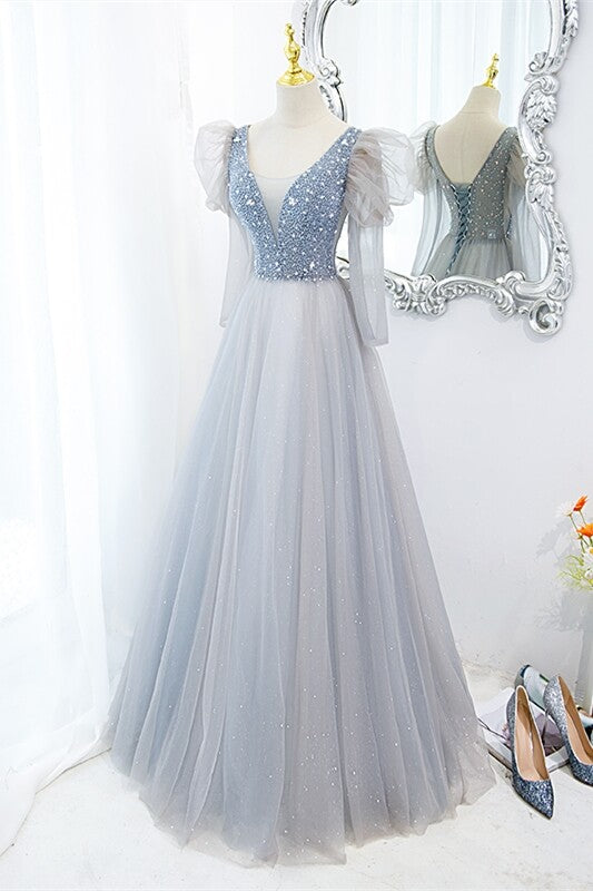 Fairy Grey Shiny A-line Long Formal Dress with Long Sleeves,DS3461