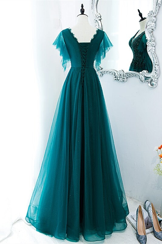 Green A-line Appliques Long Formal Dress with Flutter Sleeves,DS3462