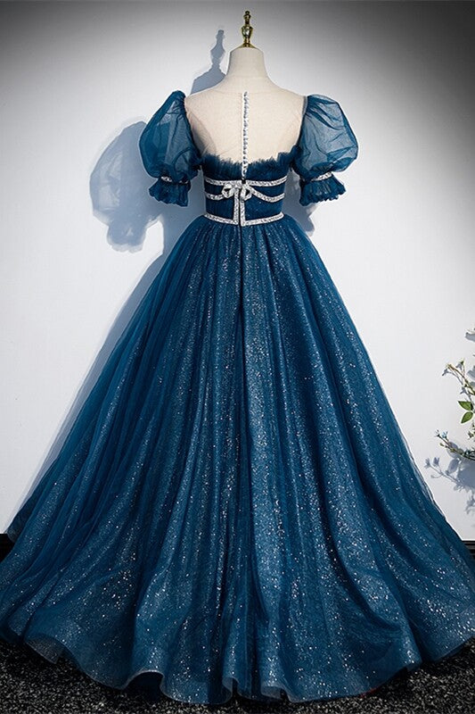 Blue A-line Tulle Long Formal Dress with Short Puffy Sleeves,DS3470