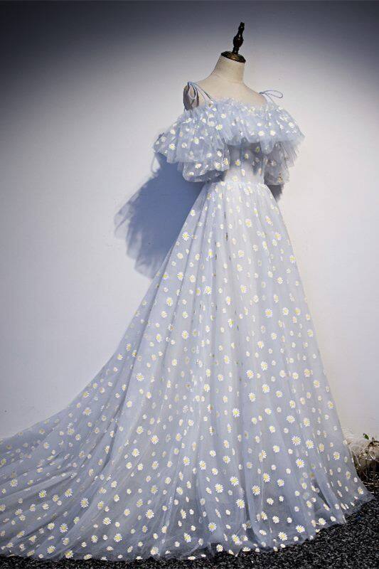 Langes, hellblaues Abendkleid mit Daisy-Blumenmuster in A-Linie, DS4369