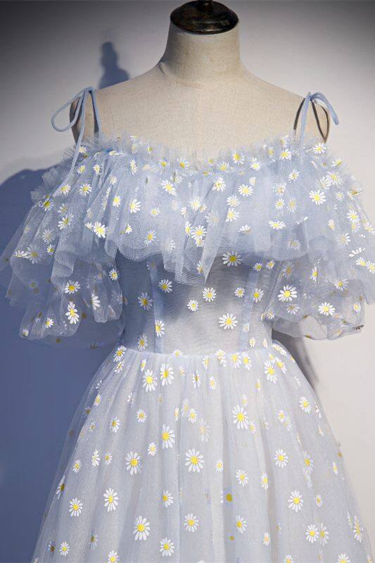 Daisy Floral A-line Long Light Blue Formal Dress,DS4369