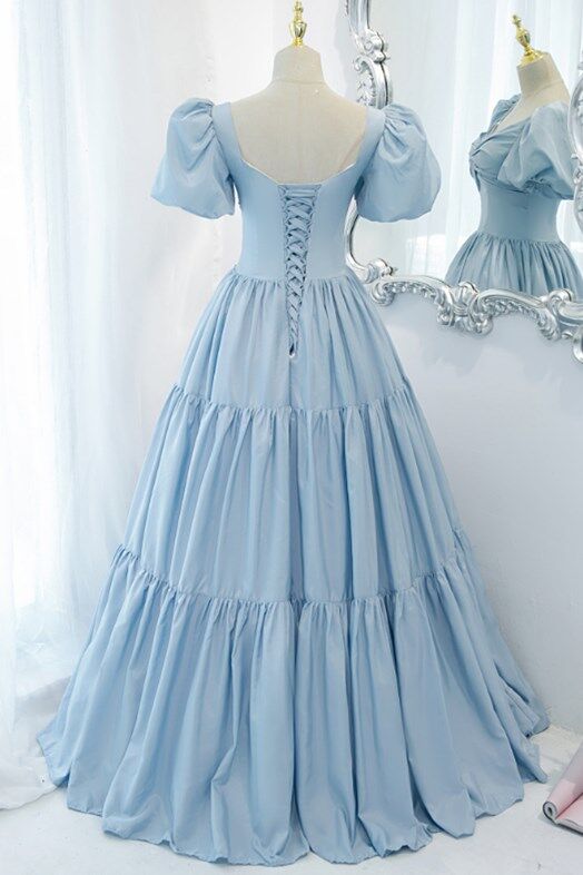 Light Blue A-line Long Formal Dress with Short Sleeves,DS3484
