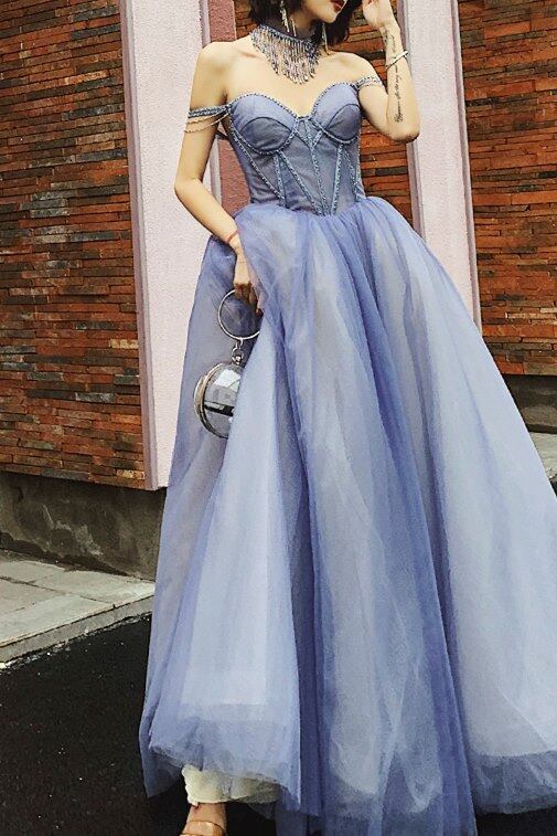 Off the Shoulder Blue Long Prom Dress,DS3492