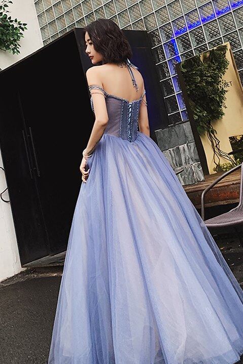 Schulterfreies, langes blaues Ballkleid, DS3492