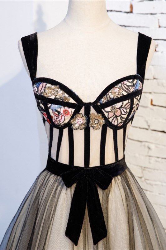 A-line Black Floral Long Formal Dress,DS3486