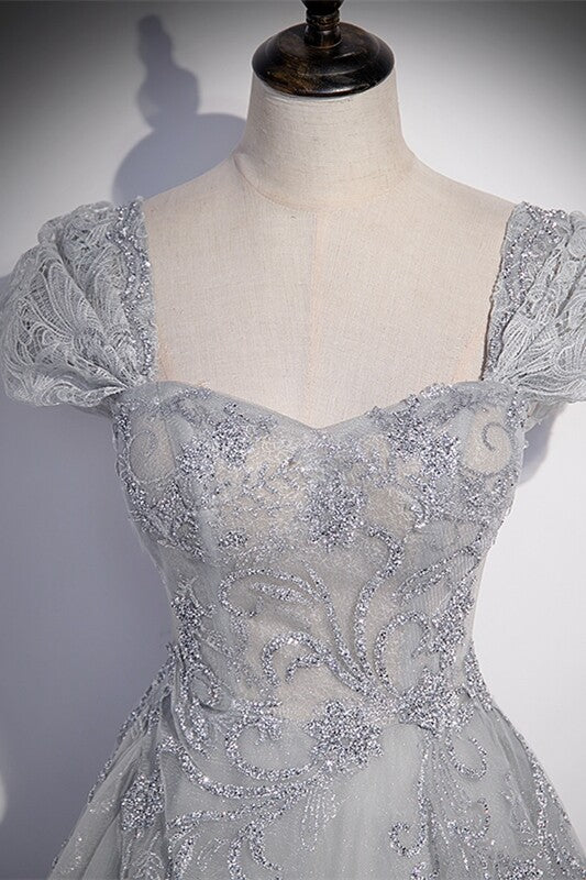 Silver A-line Long Prom Dress with Cap Sleeves,DS3471