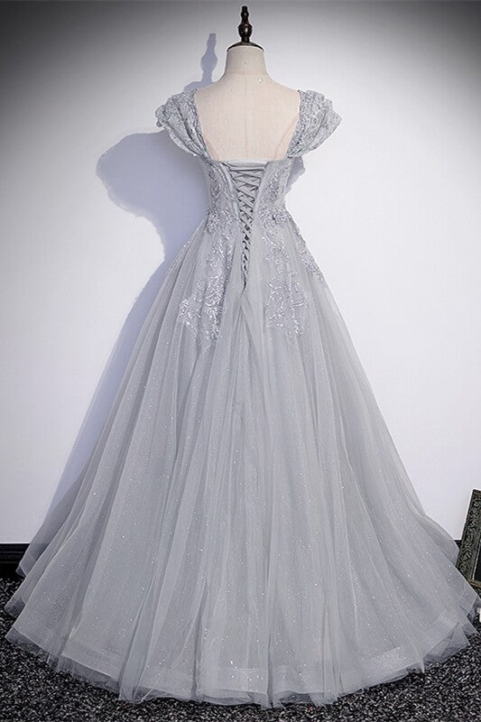 Silbernes langes A-Linien-Ballkleid mit Flügelärmeln, DS3471