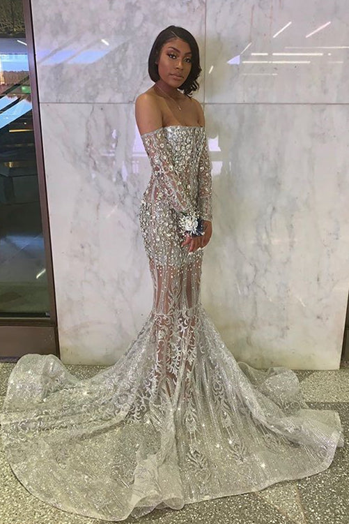 Long Sleeve Off The Shoulder Silver Black Girl Prom Dresses Mermaid Sexy Illusion Beads Crystals Evening Gowns Cheap,DS4575