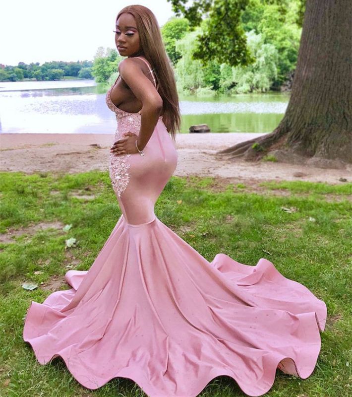 Glamorous Spaghetti Straps Lace Appliques Sleeveless Sexy Mermaid Lace Prom Dresses,DS4524