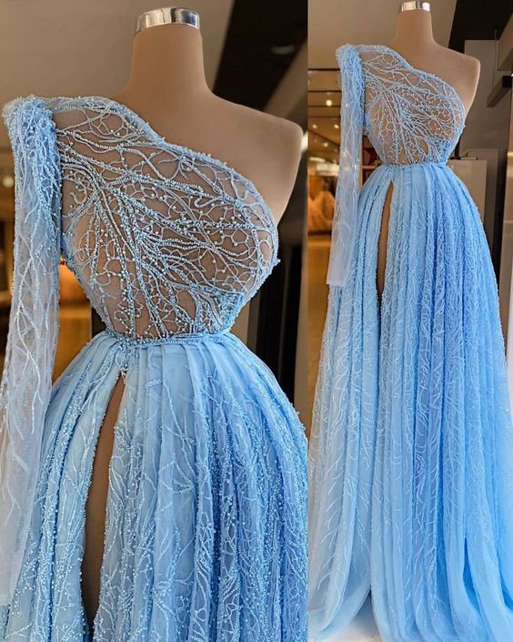 Blaue One-Shoulder Sexy Ballkleider Günstig | Ärmelloses Langes Abendkleid, DS4028