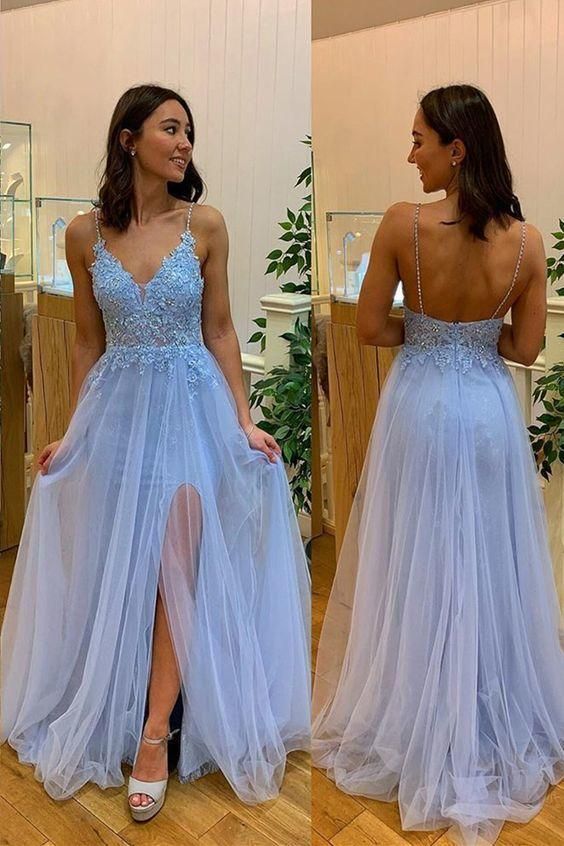 hellblaues langes Ballkleid mit Seitenschlitz, 2022 Ballkleid mit Spaghettiträgern, DS4540