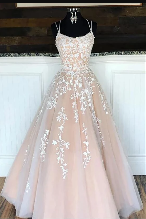Erstaunlich Elfenbein/Haut Criss-cross Zurück Spaghetti Spitze Ballkleid Süße 16 Tüll Spitze Kleid Mädchen Party Prom Kleider, DS4449